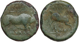 Greek Italy. Northern Apulia, Arpi. AE 20 mm, c. 275-250 BC. Obv. Bull butting right. Rev. Horse galloping right. HN Italy 645; HGC 1 535. AE. 4.62 g....