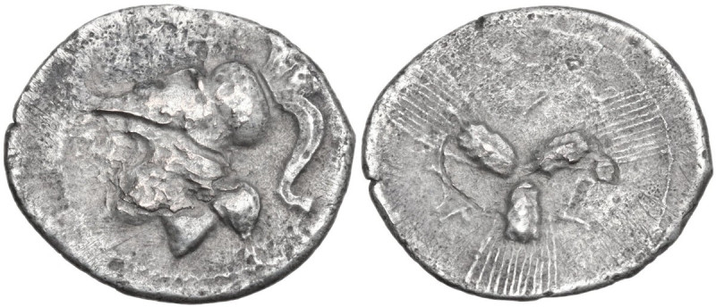Greek Italy. Northern Apulia, Arpi. AR Triobol, c. 215-212 BC. Obv. Helmeted hea...