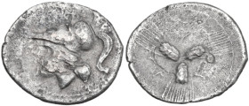 Greek Italy. Northern Apulia, Arpi. AR Triobol, c. 215-212 BC. Obv. Helmeted head of Athena left. Rev. Three barley-ears conjoined at the stem. HN Ita...