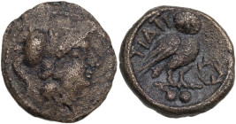 Greek Italy. Northern Apulia, Teate. AE Biunx, c. 225-200 BC. Obv. Helmeted head of Athena right. Rev. Owl standing three-quarters right on bar, head ...