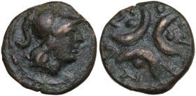 Greek Italy. Southern Apulia, Caelia. AE 13 mm. c. 200-150 BC. Obv. Head of Athena left, wearing crested Corinthian helmet. Rev. Three crescents; arou...