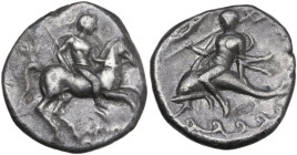 Greek Italy. Southern Apulia, Tarentum. AR Nomos, c. 340-332 BC. Obv. Warrior on horseback galloping right, holding spear and shield. Rev. Phalanthos ...