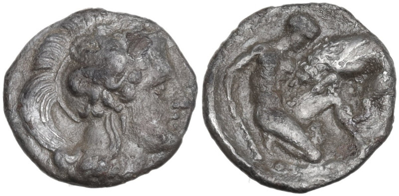 Greek Italy. Southern Apulia, Tarentum. AR Diobol, 380-325 BC. Obv. Head of Athe...