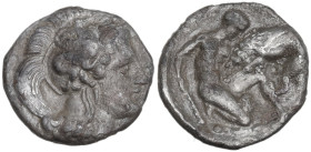 Greek Italy. Southern Apulia, Tarentum. AR Diobol, 380-325 BC. Obv. Head of Athena right, wearing Attic helmet surmounted by Scylla. Rev. Herakles fig...