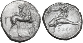 Greek Italy. Southern Apulia, Tarentum. AR Nomos, 302-280 BC. Arethon, Sa-, and Cas-, magistrates. Obv. Horseman right, crowning his horse. Rev. Taras...