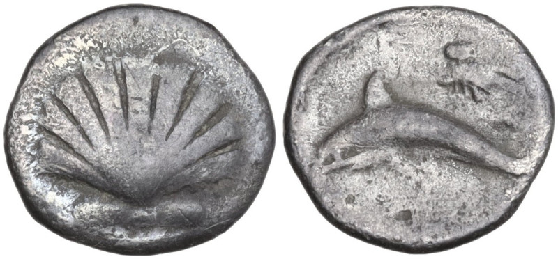 Greek Italy. Southern Apulia, Tarentum. AR Hemilitron, c. 325-280 BC. Obv. Scall...