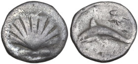 Greek Italy. Southern Apulia, Tarentum. AR Hemilitron, c. 325-280 BC. Obv. Scallop shell. Rev. Dolphin left; above, symbol. HN Italy 980; Vlasto 1548 ...