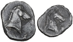 Greek Italy. Southern Apulia, Tarentum. AR 3/4 Obol, c. 325-280 BC. Obv. Head of horse right, bridled. Rev. Head of horse right, bridled. HN Italy 981...
