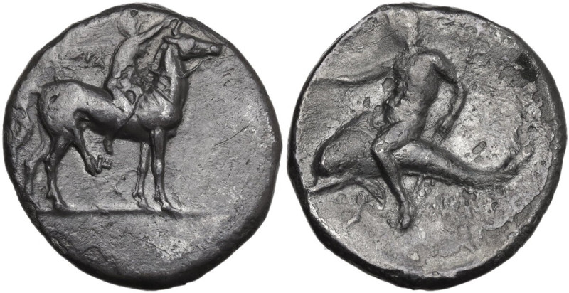 Greek Italy. Southern Apulia, Tarentum. AR Nomos, 302-280 BC. Obv. Horseman righ...