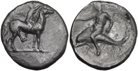 Greek Italy. Southern Apulia, Tarentum. AR Nomos, 302-280 BC. Obv. Horseman right, crowning his horse; at left, ΦΙΛΟΚΡΑ; below, ΝΚ. Rev. Taras astride...