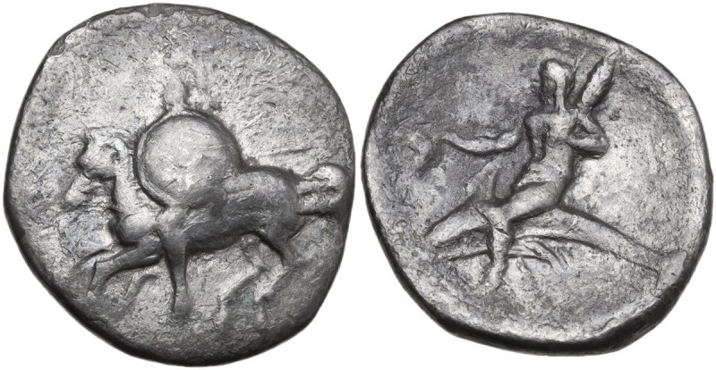 Greek Italy. Southern Apulia, Tarentum. AR Nomos, c. 280-272 BC. Obv. Warrior ri...