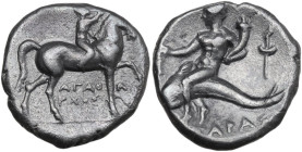 Greek Italy. Southern Apulia, Tarentum. AR Stater, c. 272-235 BC. Obv. Youth on horseback right, crowning horse; below, ΑΓΑΘΑΡΧΟΣ. Rev. Phalanthos ast...