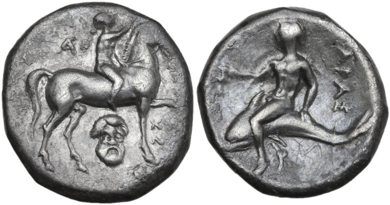 Greek Italy. Southern Apulia, Tarentum. AR Nomos, c. 272-240 BC. Obv. Nude youth...