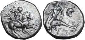 Greek Italy. Southern Apulia, Tarentum. AR Nomos, c. 272-235 BC. Obv. Horseman galloping right, spearing downwards. Rev. Phalanthos riding on dolphin ...