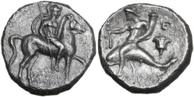 Greek Italy. Southern Apulia, Tarentum. AR Nomos, c. 272-240 BC. Obv. Horseman right, helmeted, holding spear and round shield. Rev. Phalanthos riding...