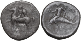 Greek Italy. Southern Apulia, Tarentum. AR Nomos, circa 272-240 BC. Obv. Helmeted warrior on horseback left, holding large round shield. Rev. TAPAΣ. T...
