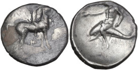 Greek Italy. Southern Apulia, Tarentum. AR Nomos, c. 272-240 BC. Obv. Horseman right, crowning his horse. NK between legs. Rev. TAPAΣ. Taras on dolphi...