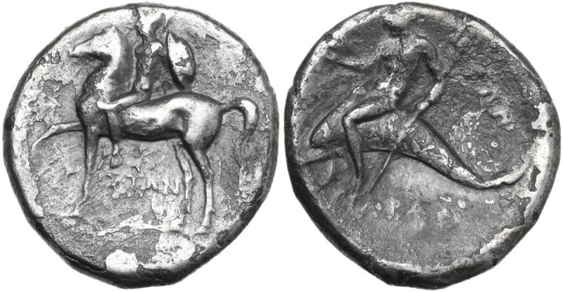 Greek Italy. Southern Apulia, Tarentum. AR Nomos, circa 272-240 BC. Obv. Helmete...