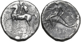 Greek Italy. Southern Apulia, Tarentum. AR Nomos, circa 272-240 BC. Obv. Helmeted warrior on horseback left, holding large round shield. In left field...