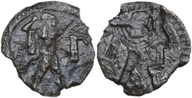 Greek Italy. Northern Lucania, Posidonia. AE Drachm, 530-500 BC. Obv. Poseidon, nude but for chlamys draped over shoulders, standing right, preparing ...