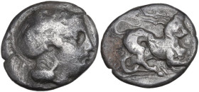 Greek Italy. Northern Lucania, Velia. AR Nomos, c. 440-400 BC. Obv. Head of Athena right, wearing crested Attic helmet adorned with olive wreath. Rev....
