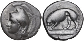 Greek Italy. Northern Lucania, Velia. AR Didrachm, c. 334-300 BC. Obv. Head of Athena left, wearing Phrygian helmet decorated with centauress. Rev. Li...
