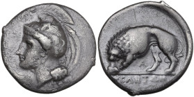 Greek Italy. Northern Lucania, Velia. AR Didrachm, c. 334-330 BC. Obv. Head of Athena left. Rev. Lion left, tearing prey; below, A. In exergue, YEΛHTΩ...