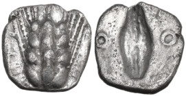 Greek Italy. Southern Lucania, Metapontum. AR Obol, c. 470-440 BC. Obv. Ear of barley with four grains. Rev. Incuse barley grain; flanked by annulets ...