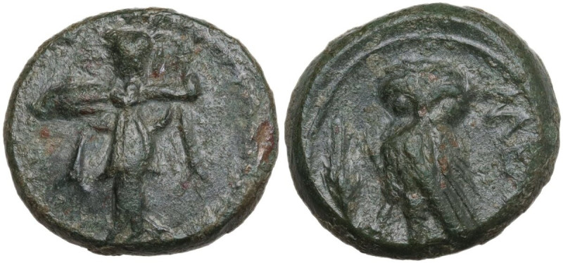 Greek Italy. Southern Lucania, Metapontum. AE 15 mm, c. 225-200 BC. Obv. Athena ...