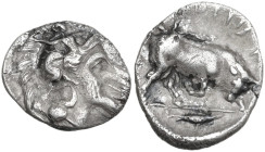 Greek Italy. Southern Lucania, Thurium. AR Diobol, c. 443-400 BC. Obv. Head of Athena right, wearing laureate Attic helmet. Rev. ΘΟΥΡΙΩN. Bull right, ...