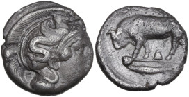 Greek Italy. Southern Lucania, Thurium. AR Diobol, c. 443-400 BC. Obv. Head of Athena right wearing Attic helmet, decorated with hippocamp. Rev. [ΘΟΥΡ...