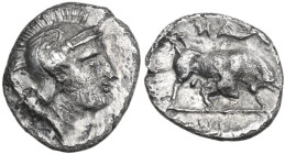 Greek Italy. Southern Lucania, Thurium. AR Triobol, c. 443-400 BC. Obv. Head of Athena right, wearing laureate Attic helmet. Rev. Bull right, head low...