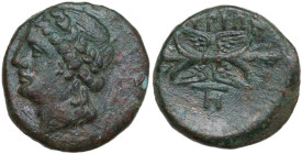 Greek Italy. Southern Lucania, Thurium. AE 18.5 mm, c. 280-213 BC. Obv. Laureate head of Apollo left. Rev. [ΘOY]PIΩΝ Winged thunderbolt; monogram belo...