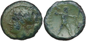 Greek Italy. Bruttium, The Brettii. AE 18 mm, c. 214-211 BC. Obv. Head of Nike left. Rev. Zeus striding right, hurling thunderbolt and holding sceptre...