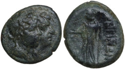 Greek Italy. Bruttium, Rhegion. AE Tetrachalkon, c. 211-200 BC. Obv. Jugate busts of the Dioscuri, wearing pileus. Rev. Asklepios standing left, holdi...