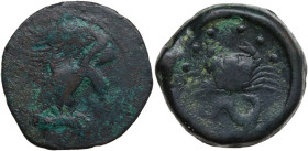Sicily. Akragas. AE Hemilitron, c. 416-406 BC. Obv. Eagle standing right, wings spread, on hare. Rev. Crab; below, hippocamp right; six pellets (mark ...