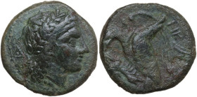 Sicily. Akragas. AE 22.5 mm, c. 287-282 BC. Obv. Laureate head of Apollo right; A to left. Rev. Two eagles: eagle in foreground raises head to scream ...