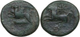 Sicily. Kainon. AE 24 mm, c. 365 BC. Obv. Griffin leaping left; below, grasshopper. Rev. Horse galloping left; above, star with eight rays. CNS I 13; ...