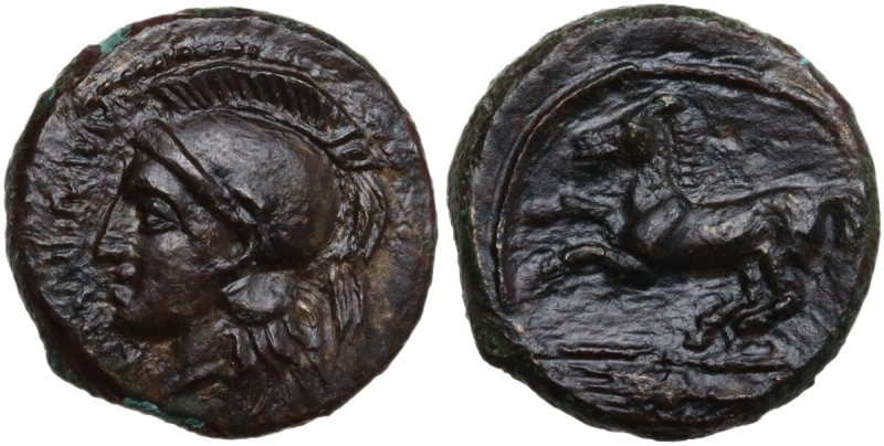 Sicily. Kamarina. AE 15 mm., c. 425-405 BC. Obv. Helmeted head of Athena left. R...