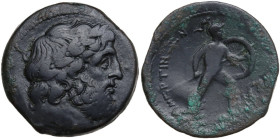 Sicily. Messana. The Mamertinoi. AE Pentachalkion, c. 211-208 BC. Obv. Laureate head of Zeus right. Rev. Warrior, holding spear and shield, advancing ...