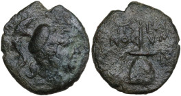 Sicily. Morgantina. The Hispani. AE Trichalkon c. early 2nd century BC. Obv. Helmeted head of Minerva right. Rev. HIS-PA/ NOR-VM. Apex. HGC 2 913. AE....