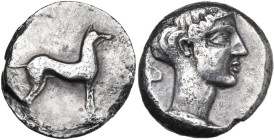 Sicily. Motya. AR Didrachm, c. 415-400 BC. Obv. Hound standing right. Rev. Traces of Punic legend. Female head right; behind, ivy leaf. HGC 2 -; cf. 9...
