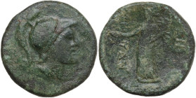 Sicily. Panormos. AE 24 mm, c. 208-200 BC. Obv. Helmeted head of Athena right. Rev. ΠANOP/MITAN standing left, holding patera and cornucopia. HGC 2 10...