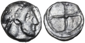 Sicily. Syracuse. Hieron I (478-466 BC). AR Obol, c. 475-470 BC. Obv. Head of Arethousa right, wearing pearl tainia. Rev. Four-spoked wheel. HGC 2 137...