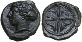 Sicily. Syracuse. Second Democracy (466-405 BC). AE 16 mm, c. 415 BC. Obv. Head of Arethusa left. Rev. Wheel with four spokes; in the bottom two, dolp...