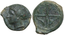 Sicily. Syracuse. Second Democracy (466-405 BC). AE Hemilitra, c. 405-400 BC. Obv. Head of Arethusa left, wearing necklace and hair in sphendone; dolp...