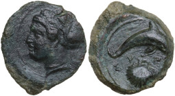 Sicily. Syracuse. Second Democracy (466-405 BC). AE Hemilitron, after 410 BC. Obv. Head of Arethusa left. Rev. Dolphin right; below, cockle shell. CNS...