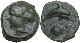 Sicily. Syracuse. Second Democracy (466-406 BC). AE 17 mm. c. 415-405 BC. Obv. Head of Arethusa left, wearing necklace, hair bound in ampyx and sphend...