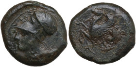 Sicily. Syracuse. Dionysos I to Dionysos II. AE Litra, c. 375-344 BC. Obv. Head of Athena left, wearing Corinthian helmet decorated with olive-wreath....