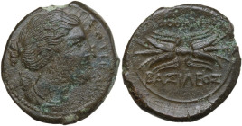 Sicily. Syracuse. Agathokles (317-289 BC). AE Litra, c. 295 BC. Obv. ΣΩTEIPA. Head of Artemis Soteira right, quiver over shoulder. Rev. AΓAΘOKΛEOΣ / B...